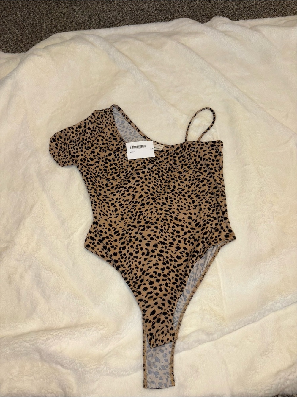 Peach Love California Tan and Black Leopard Print One-Shoulder Bodysuit
